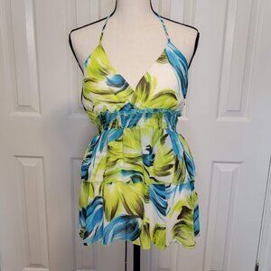 Tropical Halter Top with Smocked Waist & Padded Cups – Blue Green Print, Size L,
